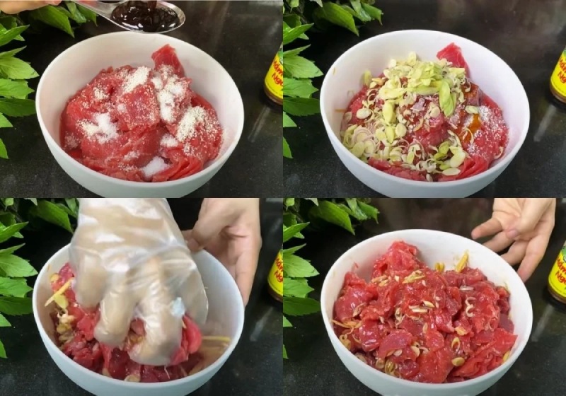 Công đoạn ướp, bóp thịt bò