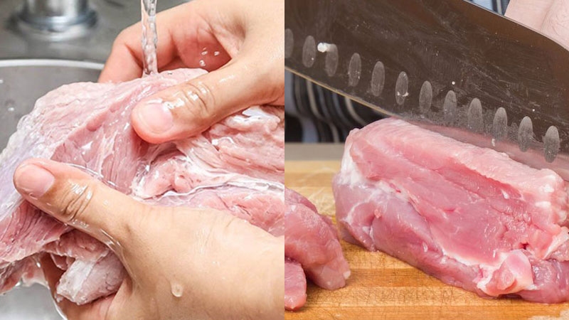 Rửa sạch thịt heo và cắt miếng