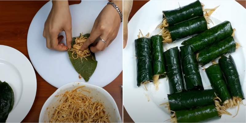 Cuốn nhân vừa chế biến vào giữa lá lốt