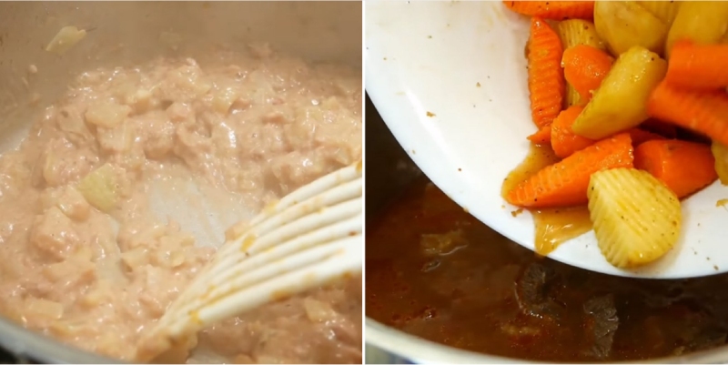 đun chảy pate và nấu với thịt bò
