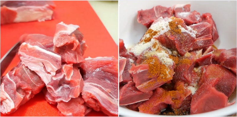 cắt thịt bò thành từng miếng vuông vừa ăn