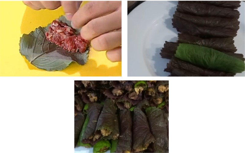Công đoạn cuốn thịt bò với lá tía tô