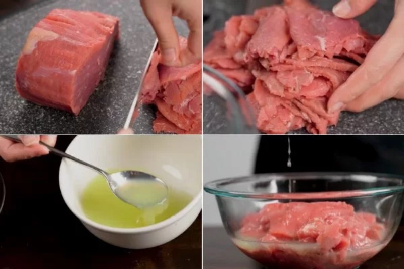  Rửa sạch thịt bò, để ráo rồi thái thật mỏng để dễ tái