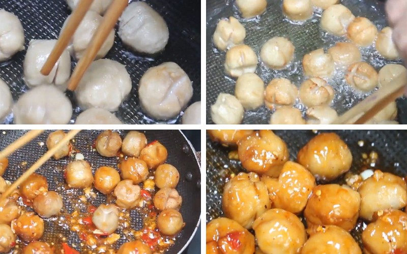 Chiên bò viên với nước mắm