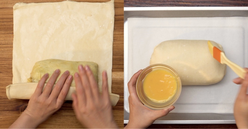 Gói kín bò Wellington bằng bột và quét trứng tạo màu nướng đẹp