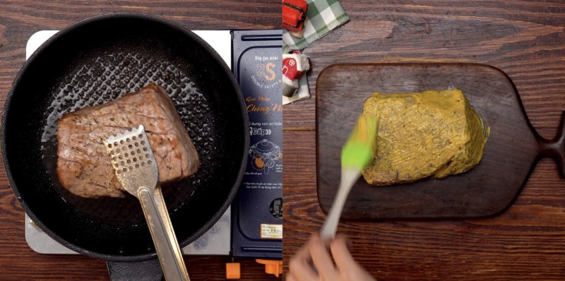 Áp chảo thịt bò và phết mù tạt vàng đều trước khi bọc bánh