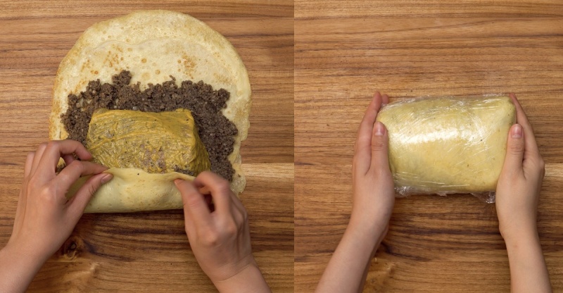Cuộn thịt bò với nấm và bánh crepe, bọc màng thực phẩm cố định