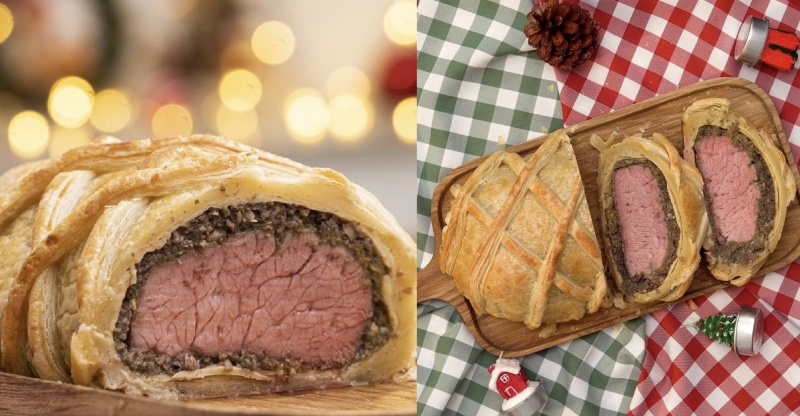 Bò Wellington nướng vàng giòn, cắt lát hồng ruộm hấp dẫn trong tiệc Noel