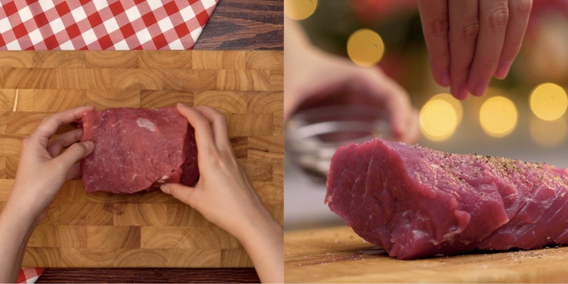 Nêm muối tiêu lên thịt bò tươi trước khi áp chảo cho món Wellington