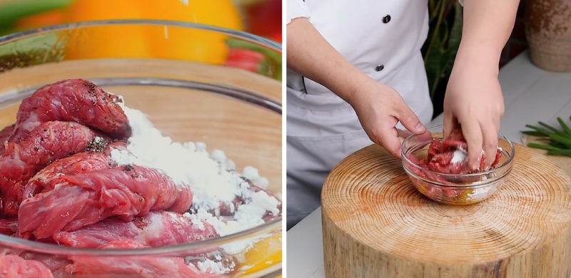 ướp thịt bò với gia vị và bột năng