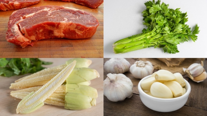 Nguyên liệu gồm thịt bò, cần tây, ngô bao tử và tỏi