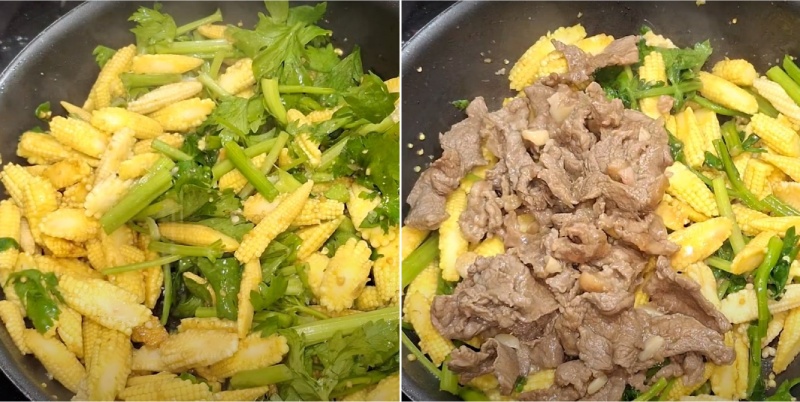Xào rau với ngô bao tử rồi trộn cùng thịt bò