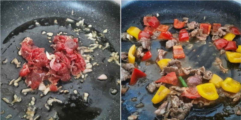 Công đoạn xào thịt bò với ớt chuông và cần tây