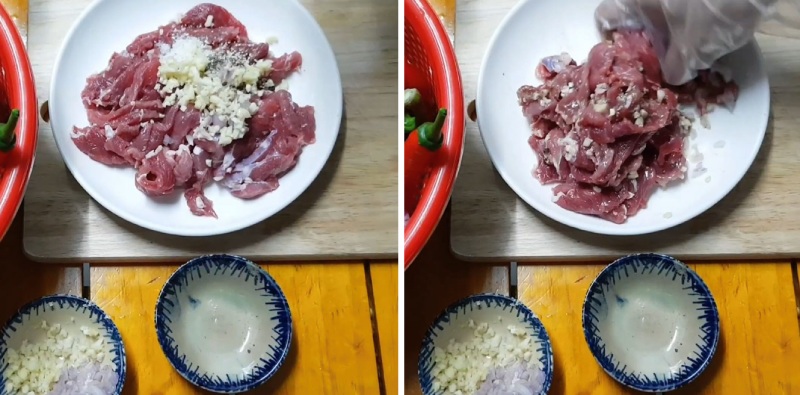 Tiến hành công đoạn ướp thịt bò