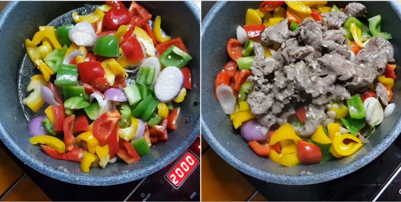 Tiến hành xào ớt chuông và cho bò vào xào cùng