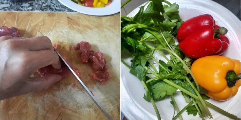 Sơ chế nguyên liệu làm bò xào ớt chuông cần tây