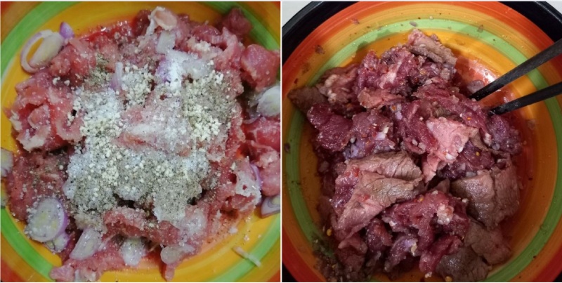 Tiến hành ướp thịt bò