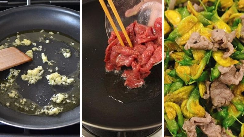 lần lượt xào thịt bò và bông điên điển
