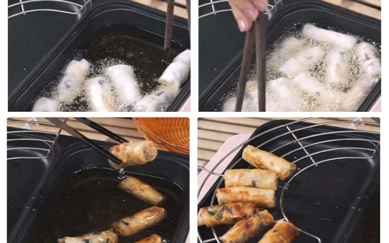 Công đoạn chiên chả giò khoai lang