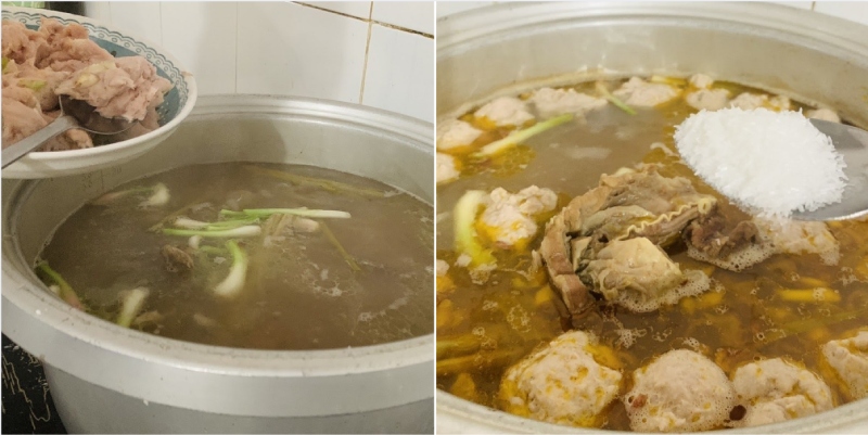 vớt bỏ củ khỏi nồi nước dùng