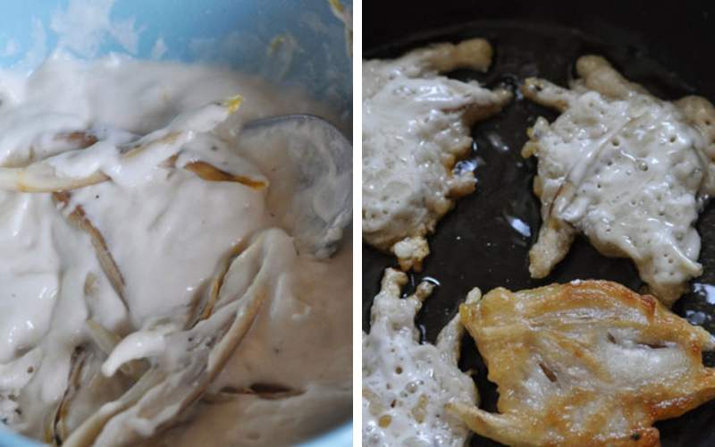 Công đoạn pha bột, nhúng bột và chiên cá bống chay