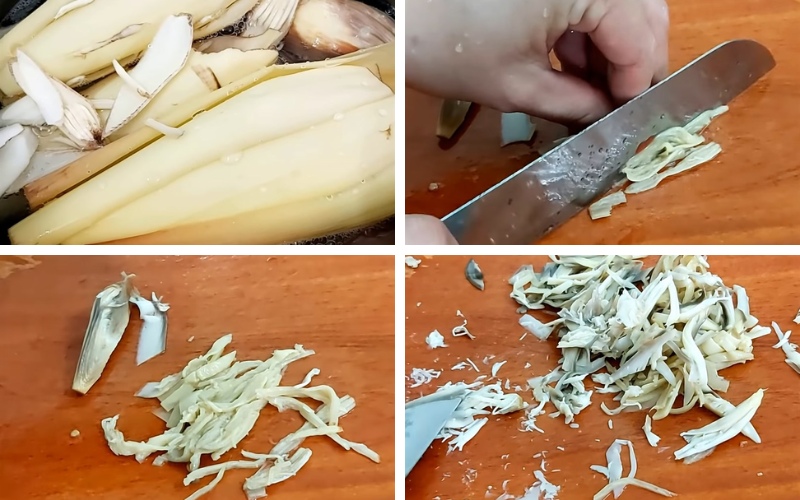 bắp chuối luộc chín và xé sợi