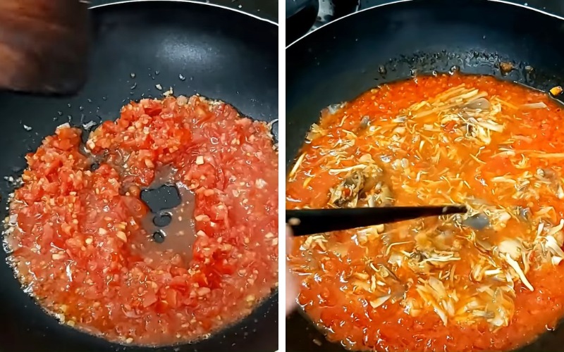 phi thơm cà chua và cho cá mòi chay vào