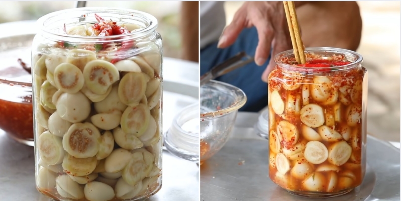 Ngâm cà pháo với hỗn hợp gia vị trong hũ thủy tinh