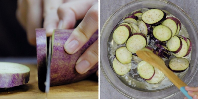 Sơ chế nguyên liệu làm cà tím kho tương ớt