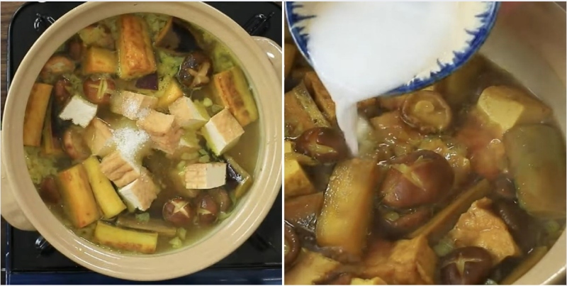 đổ bột năng vào nấu tạo độ sánh cho nước sốt
