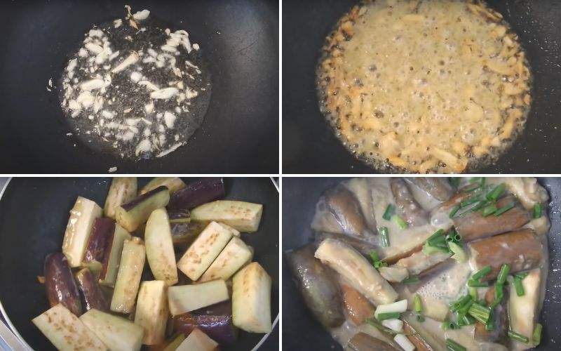 Phi thơm tỏi và cho cà tím vào xào