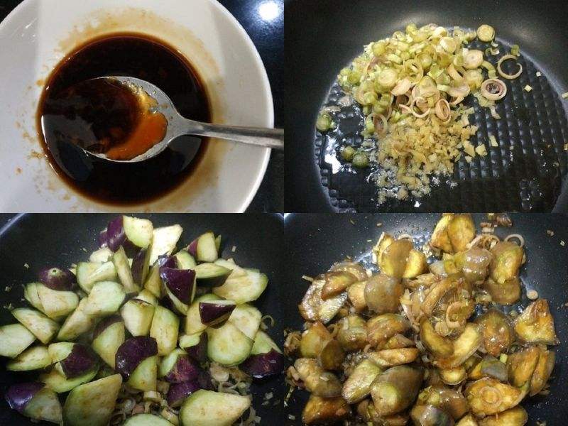 Tiến hành công đoạn xào cà tím với sả
