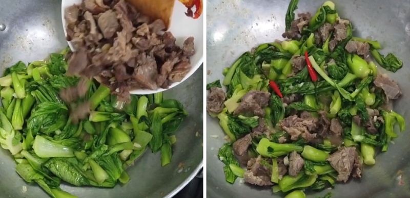 xào riêng cải ngọt và thịt bò