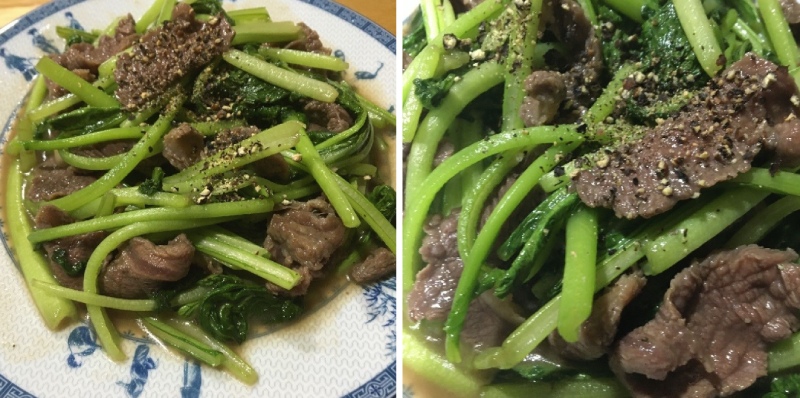 cải ngọt xào thịt bò ăn với cơm nóng rất ngon