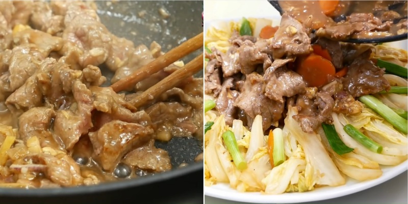 Công đoạn xào thịt bò với cải thảo và rau củ