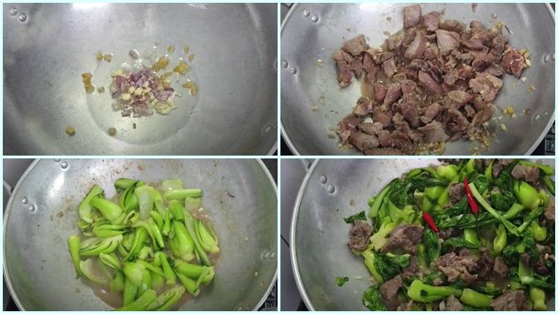 Cho hỗn hợp cải thìa, thịt bò vào đảo đều