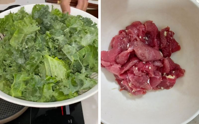 Sơ chế nguyên liệu làm cải xoăn xào thịt bò