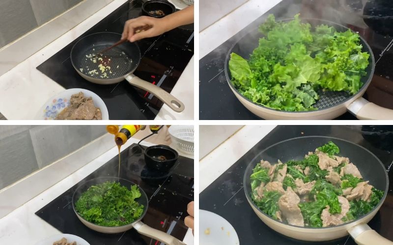 Tiếp tục xào cải xoăn chung với thịt bò