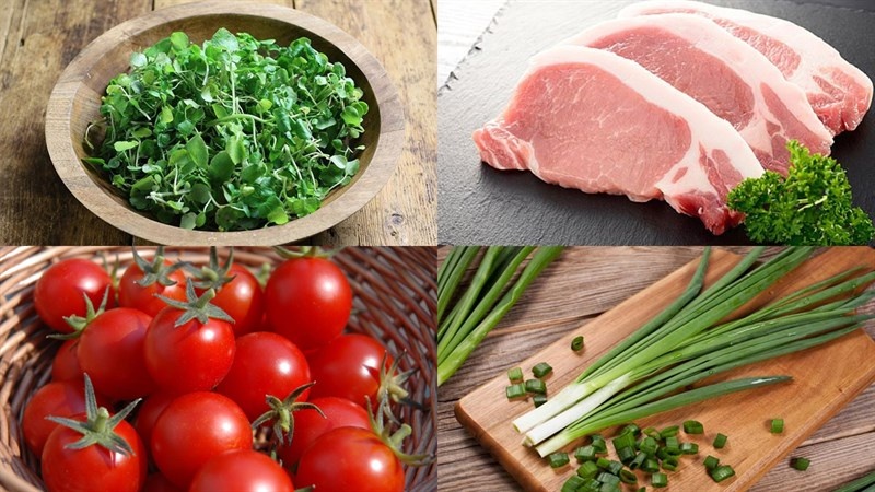 Nguyên liệu làm cải xoong xào thịt heo gồm rau, thịt, cà chua