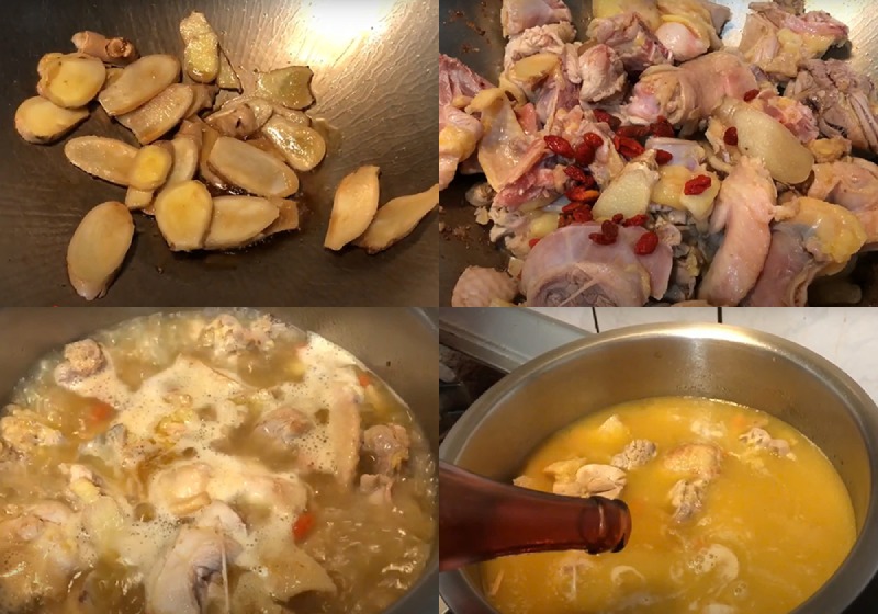 Công đoạn nấu canh gà với rượu