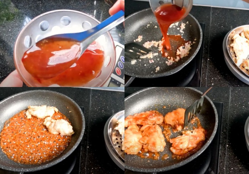 Công đoạn làm sốt mật ong và trộn gà