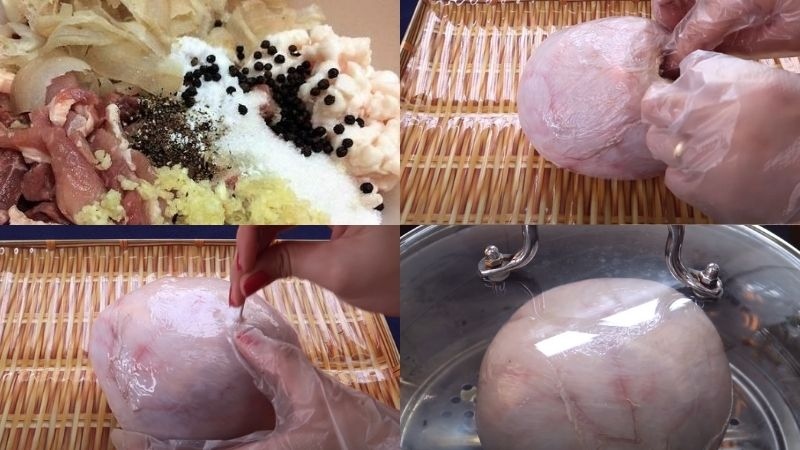 Các công đoạn làm chả bong bóng heo từ nhồi đến hấp.