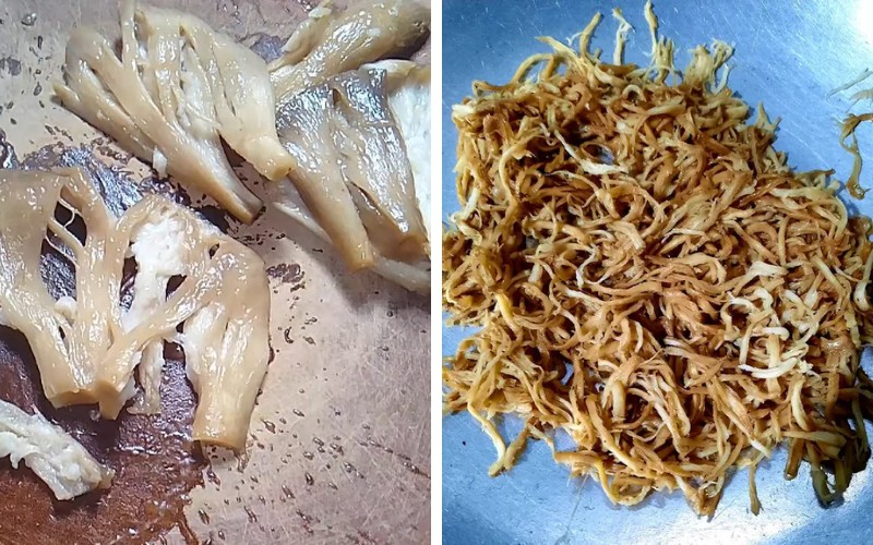 Dùng chày giã cho thịt nấm tơi và xé sợi