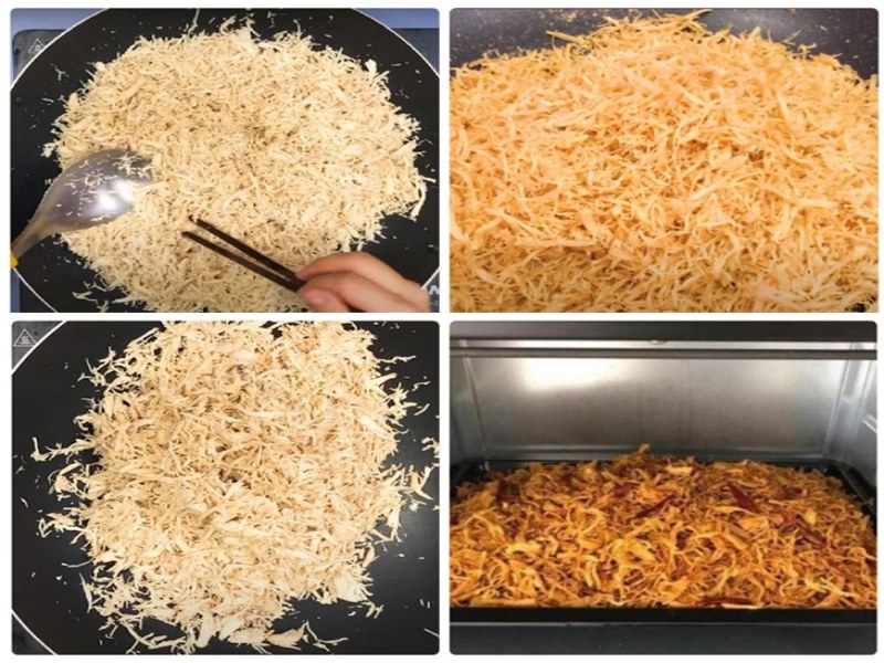 Tiến hành rang thịt đã xé sợi