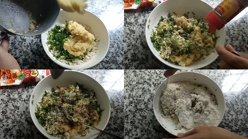 cho hỗn hợp nguyên liệu đã sơ chế vào 1 tô lớn và trộn đều tay 