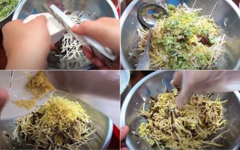 trộn nhân chuẩn bị cuốn chả giò