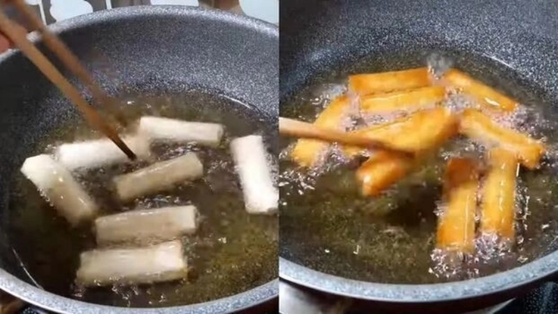 chiên chả giò vàng đều các mặt