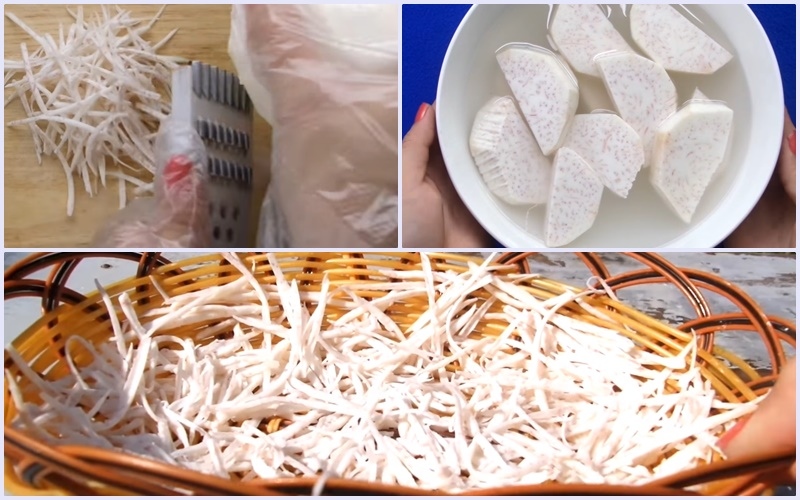 khoai môn rửa sạch và bào sợi nhỏ