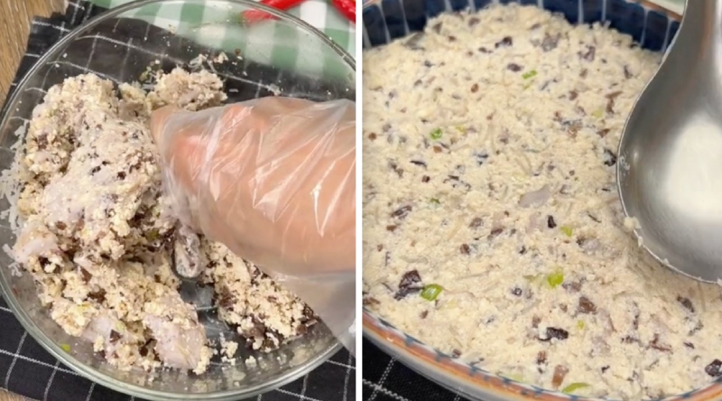 Trộn đều các nguyên liệu chế biến chả hấp chay khoai môn