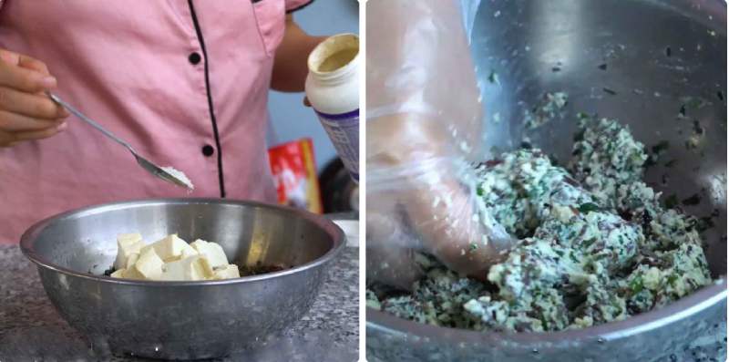 Cho tàu hũ, mộc nhĩ băm và mùi tàu băm vào trộn đều